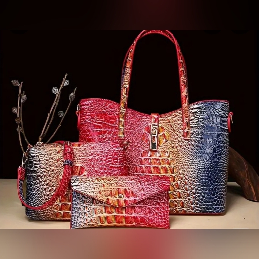 New 3 pc vintage faux leather  elegant crocodile handbag set . Gorgeous  colors